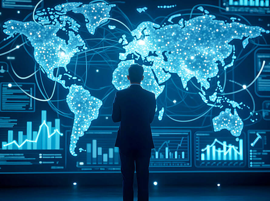 A futuristic digital world map with interconnected glowing lines representing a global network.