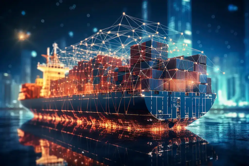 Futuristic cargo ship with glowing orange-red network lines connecting containers, set against blurred cityscape at night.