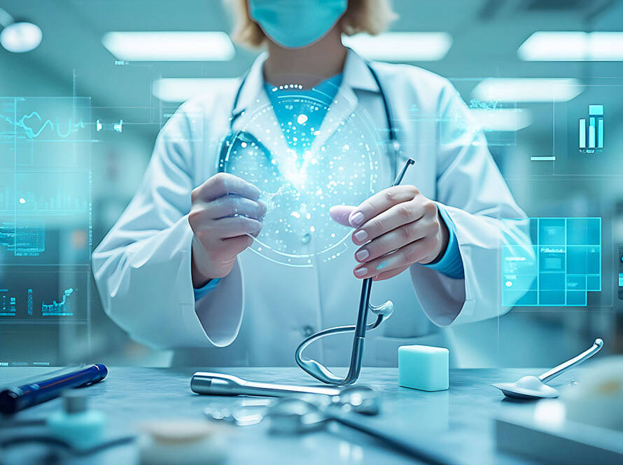 Isolated holographic health care tools with a blurry rushing doctor in the background