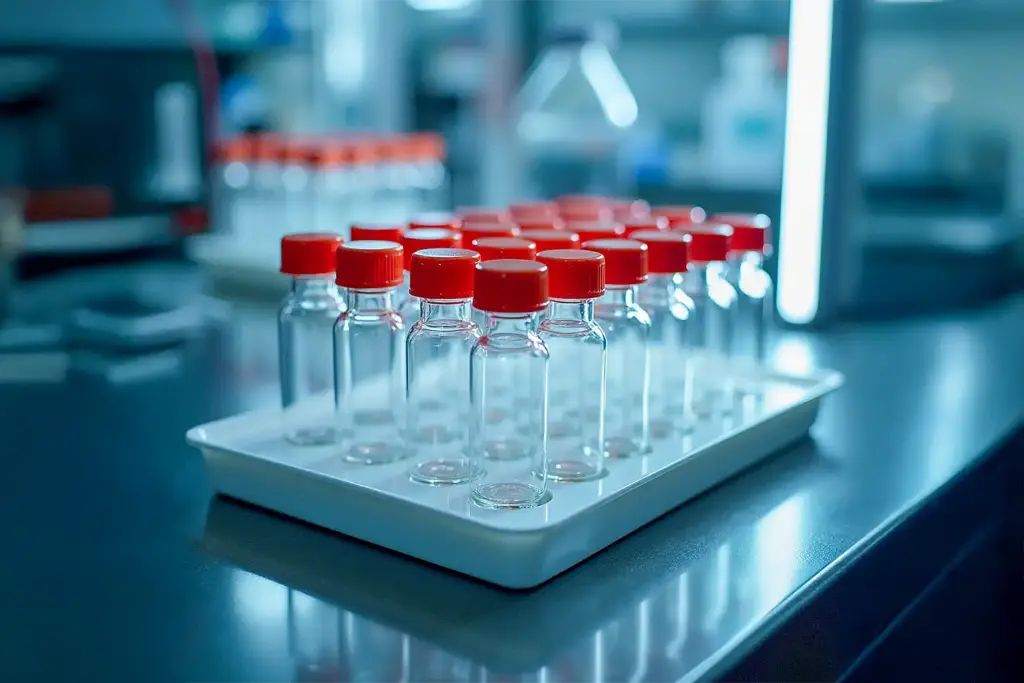 Laboratory scene with rows of clear glass vials with red caps on sleek countertop; ambient lighting and blurred lab equipment background.