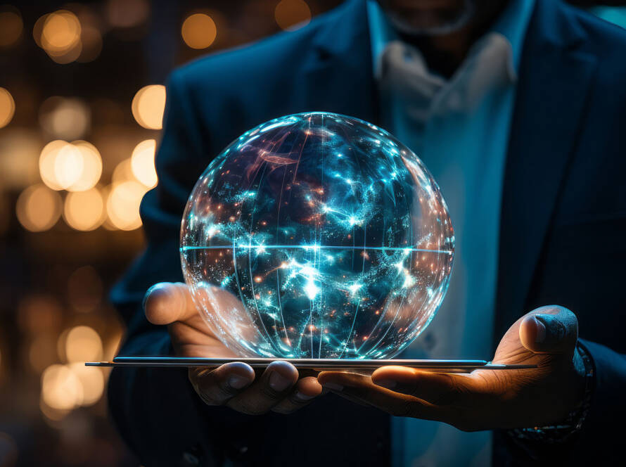 Man holding earth energy at night on tablet.