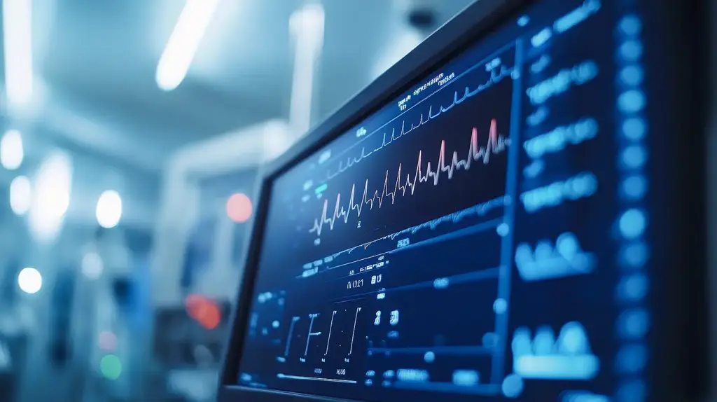 Close-up of medical monitor with glowing blue and red heart rate graphs and data on dark screen in bright clinical setting.