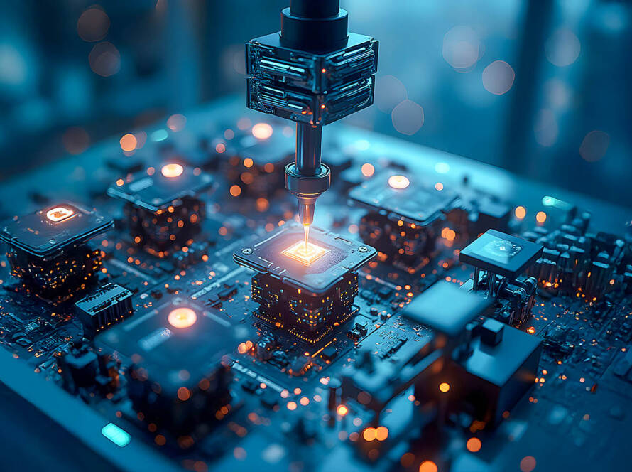 Close-up of robotic arm installing glowing orange-yellow components on circuit board with metallic textures in modern factory.