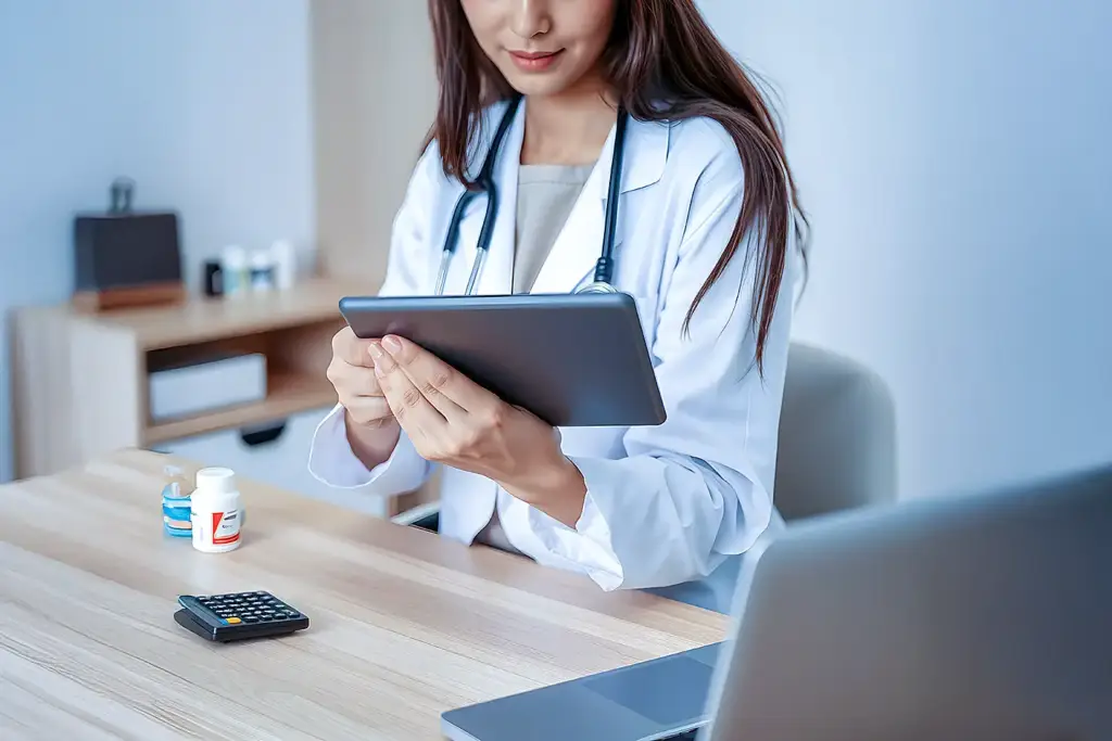 Woman doctor in white coat with stethoscope using tablet at wooden desk in clinical office with medicine bottles and laptop.