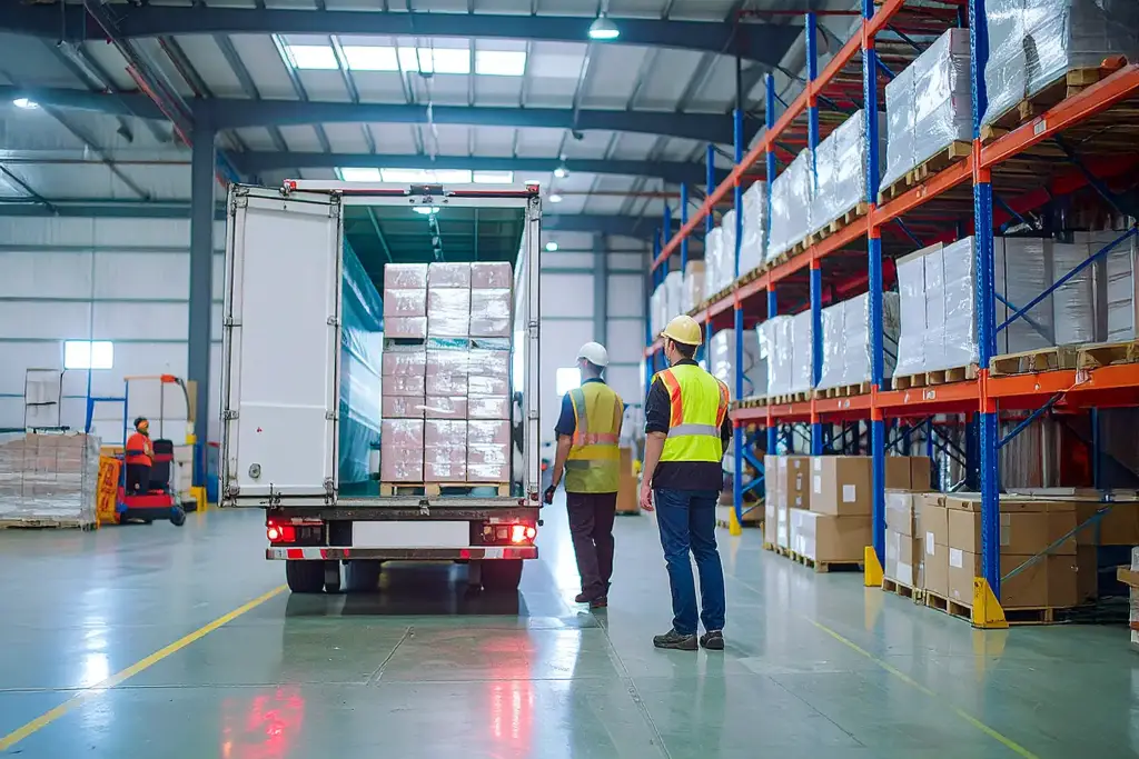 Worker in safety vest and hard hat overseeing refrigerated goods unloading from truck in bright, spacious warehouse with pallets and shelves.
