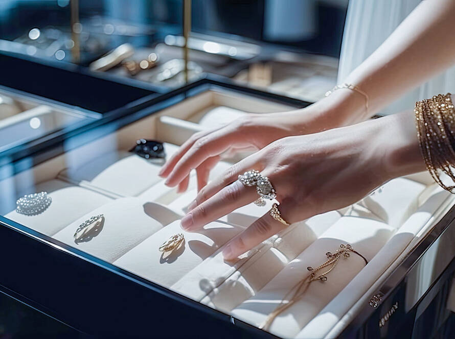 Young Asian woman’s hands with gold bracelets reaching into dark display case filled with rings and necklaces in luxury store.