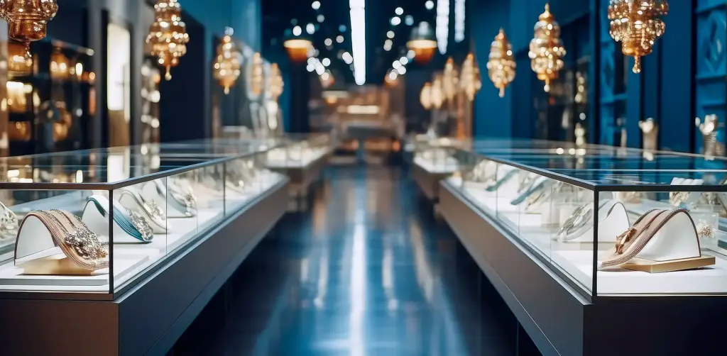 Long hallway of luxury store with glass display cases showcasing shoes and jewelry, elegant lighting, and symmetrical layout.