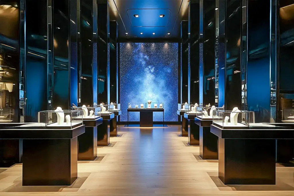 Modern jewelry store interior with glossy black columns, starry galaxy backdrop, illuminated displays, wooden floor, and soft, warm lighting.