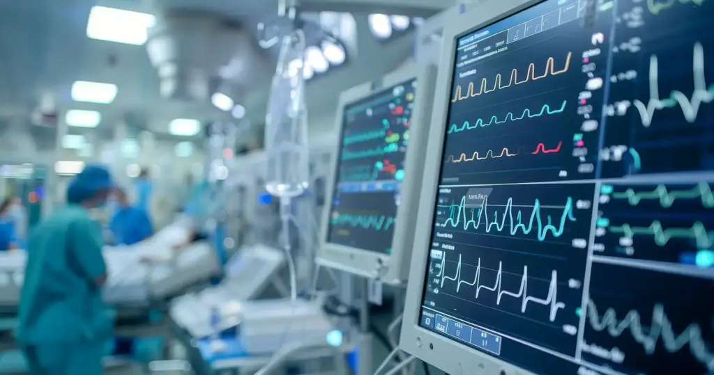 Close-up of multiple medical monitors with colorful waveforms and data panels on dark screens in bright, blurred hospital room.